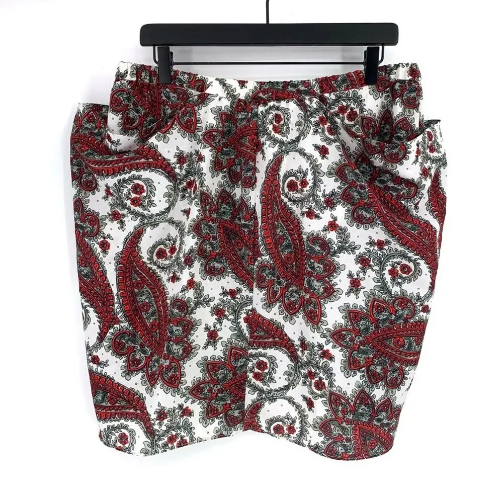 NWT ISABEL MARANT Tilena Techno Paisley Ruched Skirt Red White 44